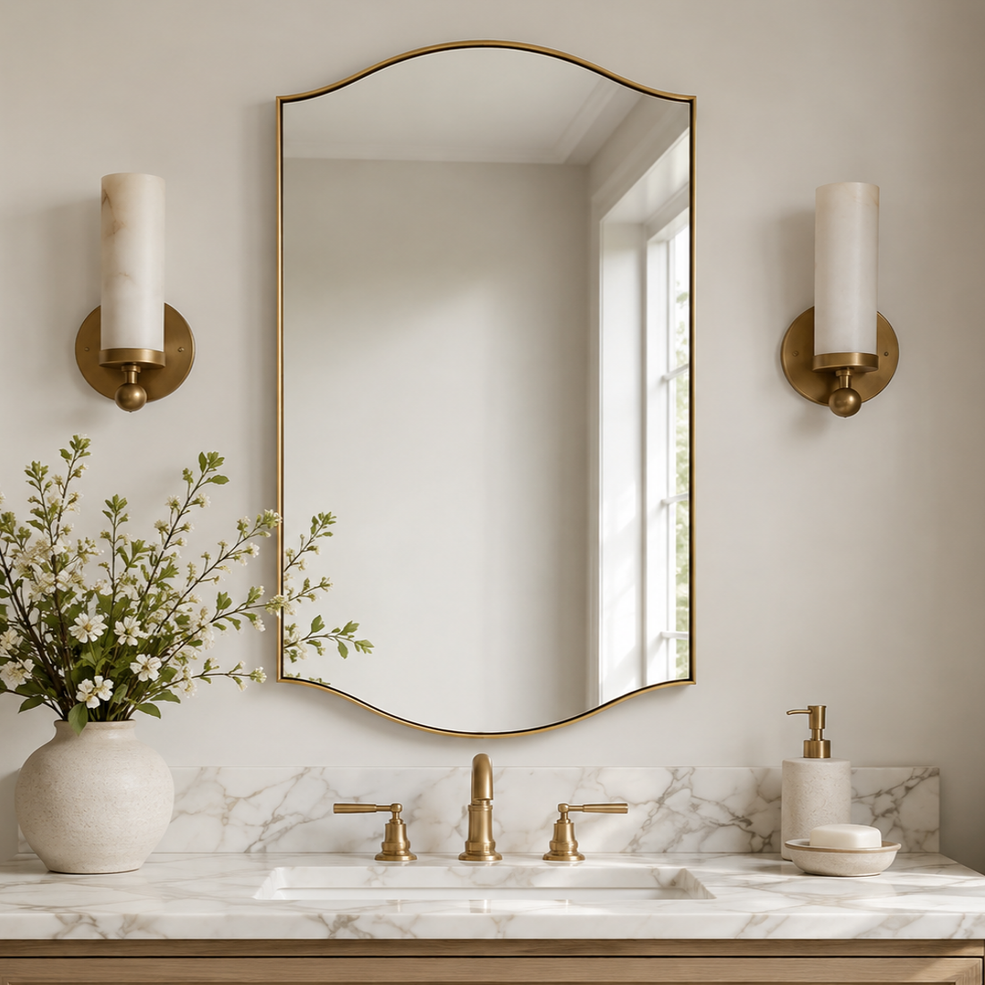 Dual Curve Arch Rectangular Scalloped  Bathroom Wall Mirror |Stainless Steel Framed
