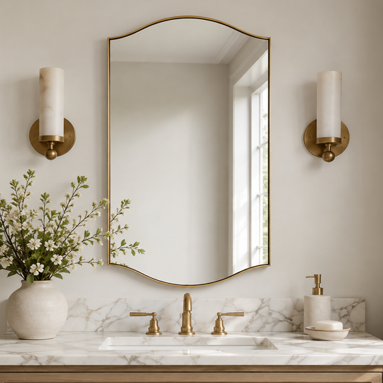 Dual Curve Arch Rectangular Scalloped  Bathroom Wall Mirror |Stainless Steel Framed