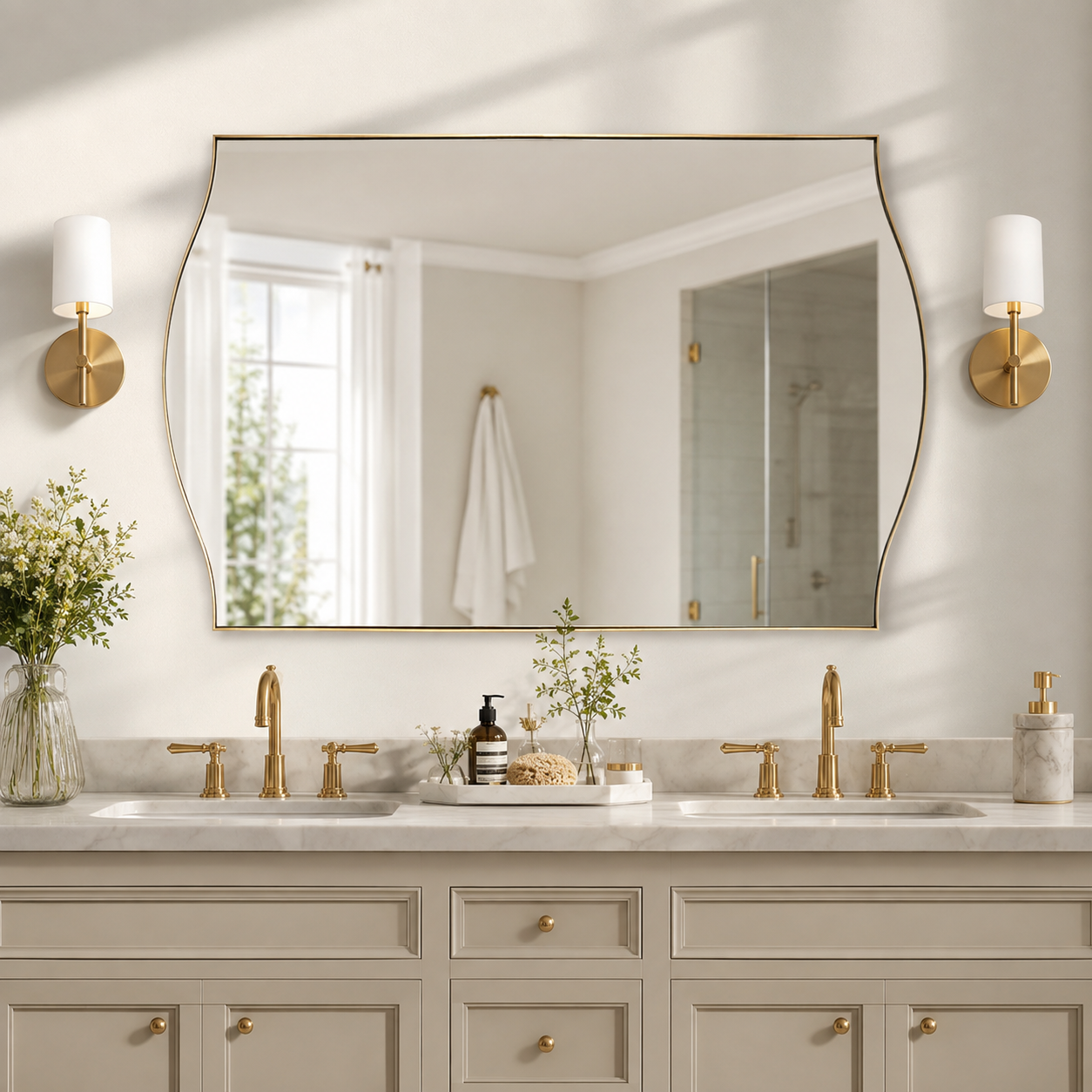 Dual Curve Arch Rectangular Scalloped  Bathroom Wall Mirror |Stainless Steel Framed