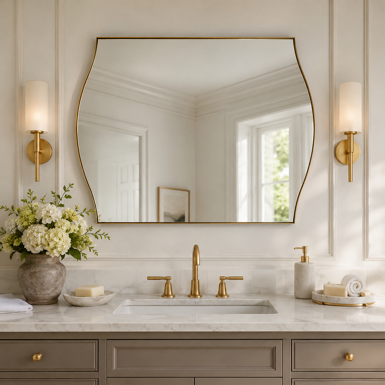 Dual Curve Arch Rectangular Scalloped  Bathroom Wall Mirror |Stainless Steel Framed