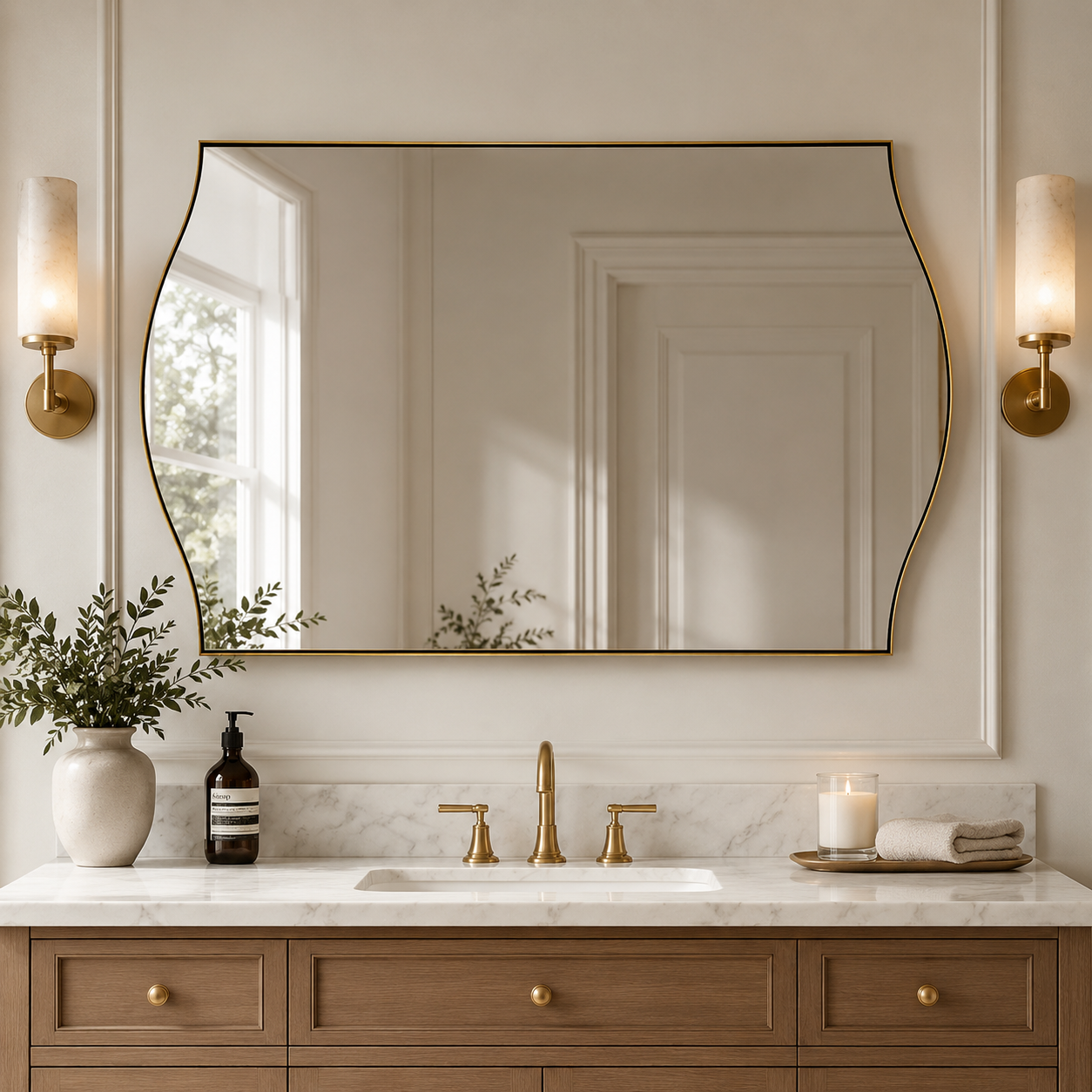 Dual Curve Arch Rectangular Scalloped  Bathroom Wall Mirror |Stainless Steel Framed