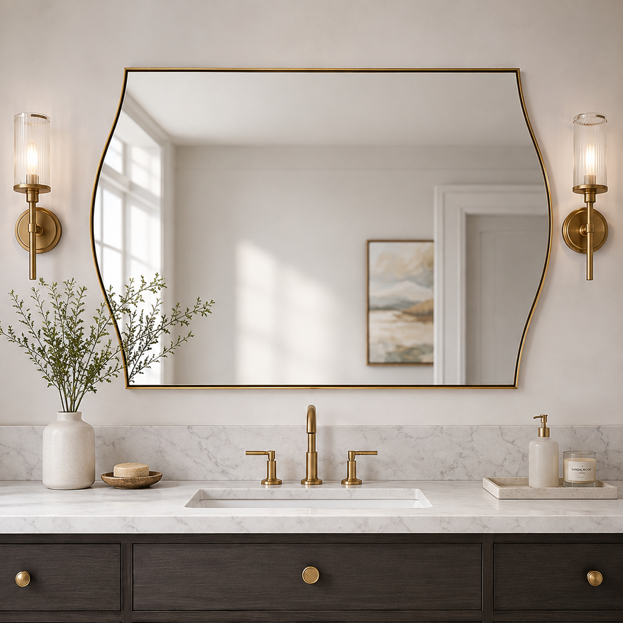 Dual Curve Arch Rectangular Scalloped  Bathroom Wall Mirror |Stainless Steel Framed