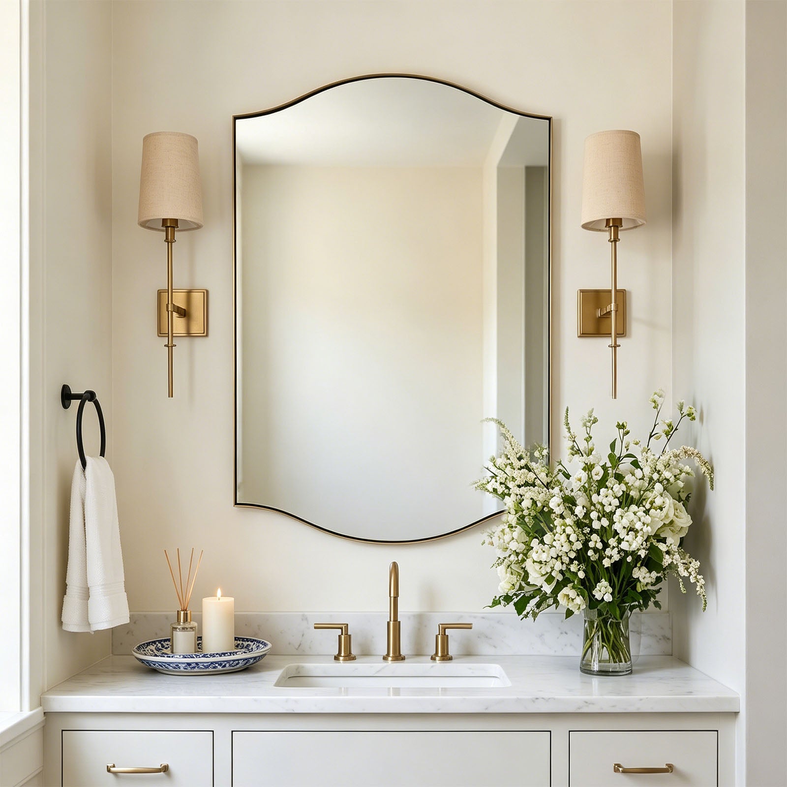 Dual Curve Arch Rectangular Scalloped  Bathroom Wall Mirror |Stainless Steel Framed