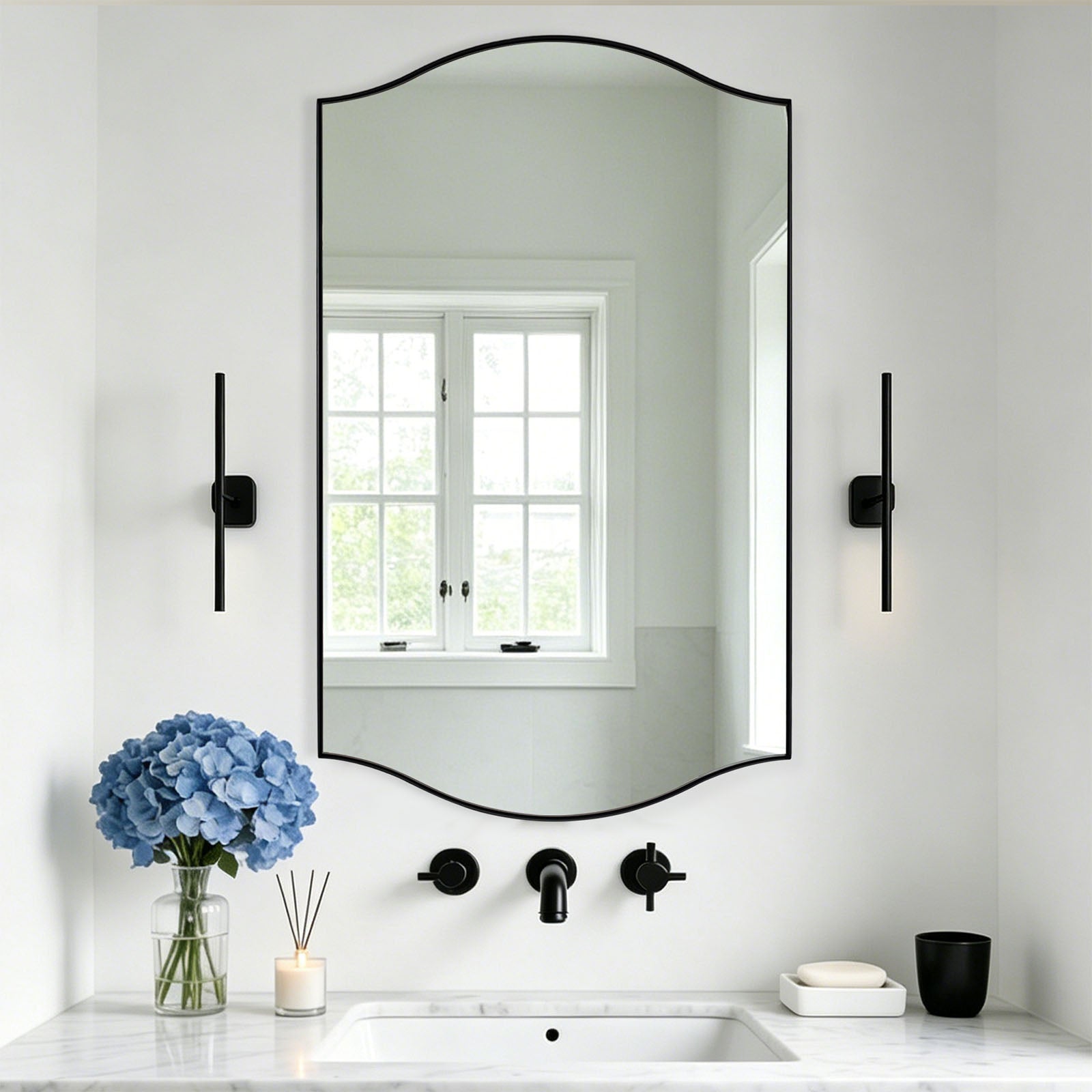 Dual Curve Arch Rectangular Scalloped  Bathroom Wall Mirror |Stainless Steel Framed