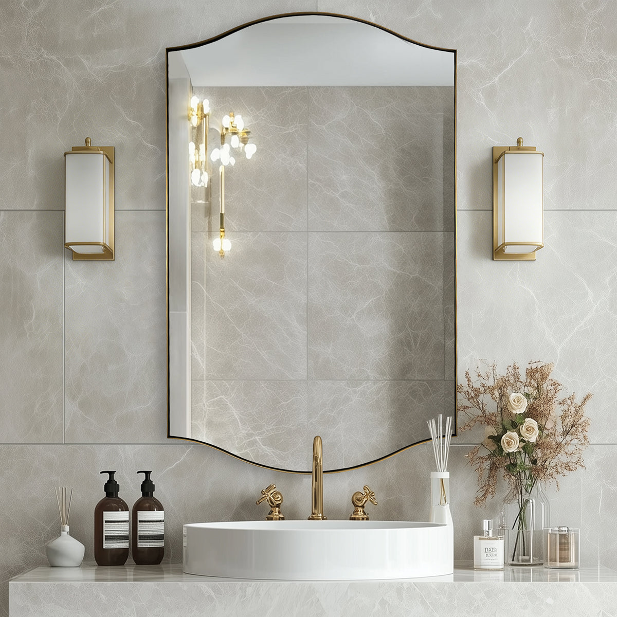 Dual Curve Arch Rectangular Scalloped  Bathroom Wall Mirror |Stainless Steel Framed