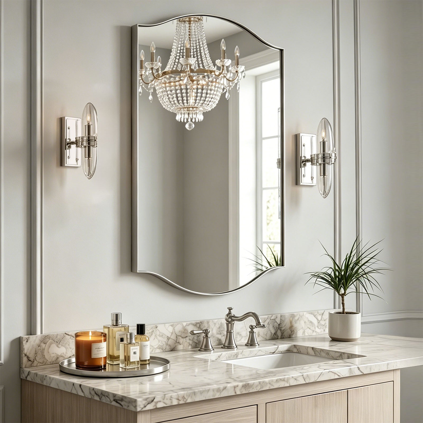 Dual Curve Arch Rectangular Scalloped  Bathroom Wall Mirror |Stainless Steel Framed