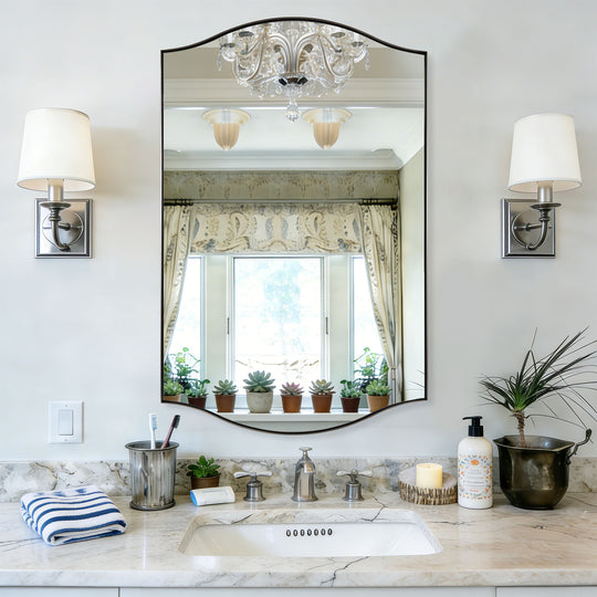 Dual Curve Arch Rectangular Scalloped  Bathroom Wall Mirror |Stainless Steel Framed