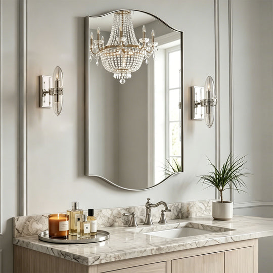 Dual Curve Arch Rectangular Scalloped  Bathroom Wall Mirror |Stainless Steel Framed