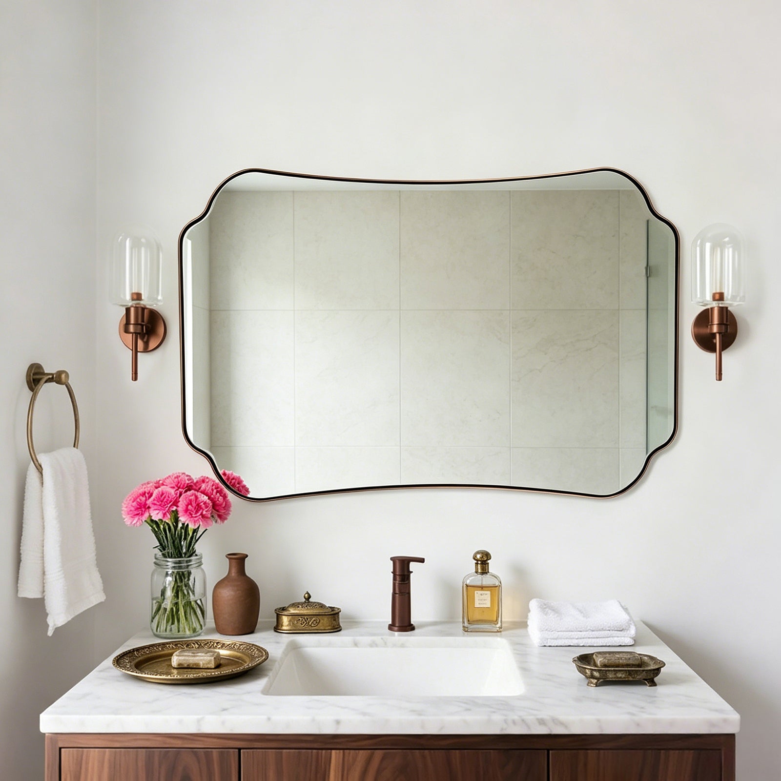 Contemporary Concave Edge Scalloped Bathroom Mirror Decorative | Stainless Steel Frame