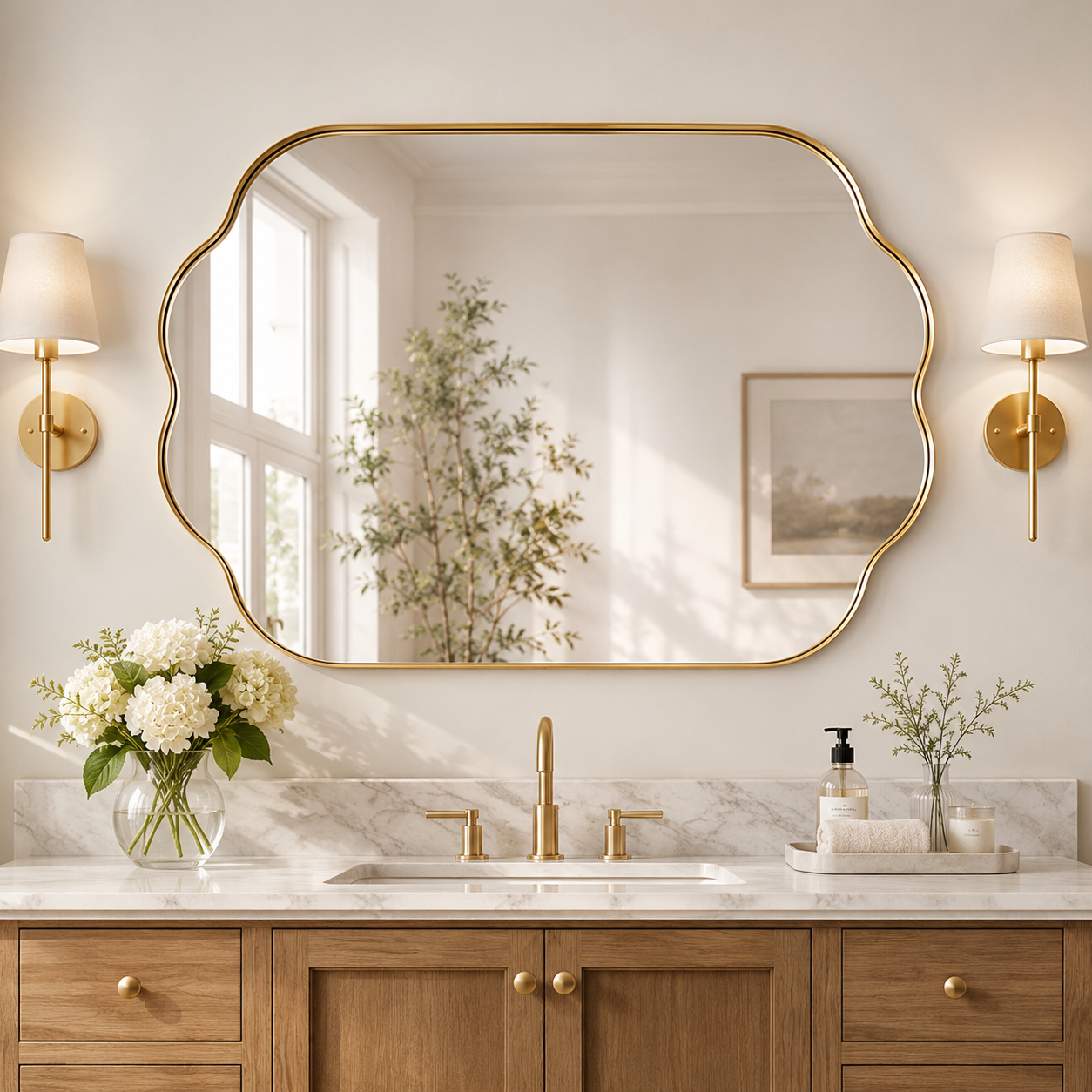 Contemporary Pill Shaped Long Oval Scalloped Bathroom Vanity Wall Mirror| Stainless Steel Framed