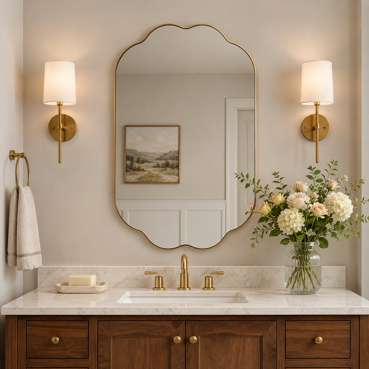 Contemporary Pill Shaped Long Oval Scalloped Bathroom Vanity Wall Mirror| Stainless Steel Framed