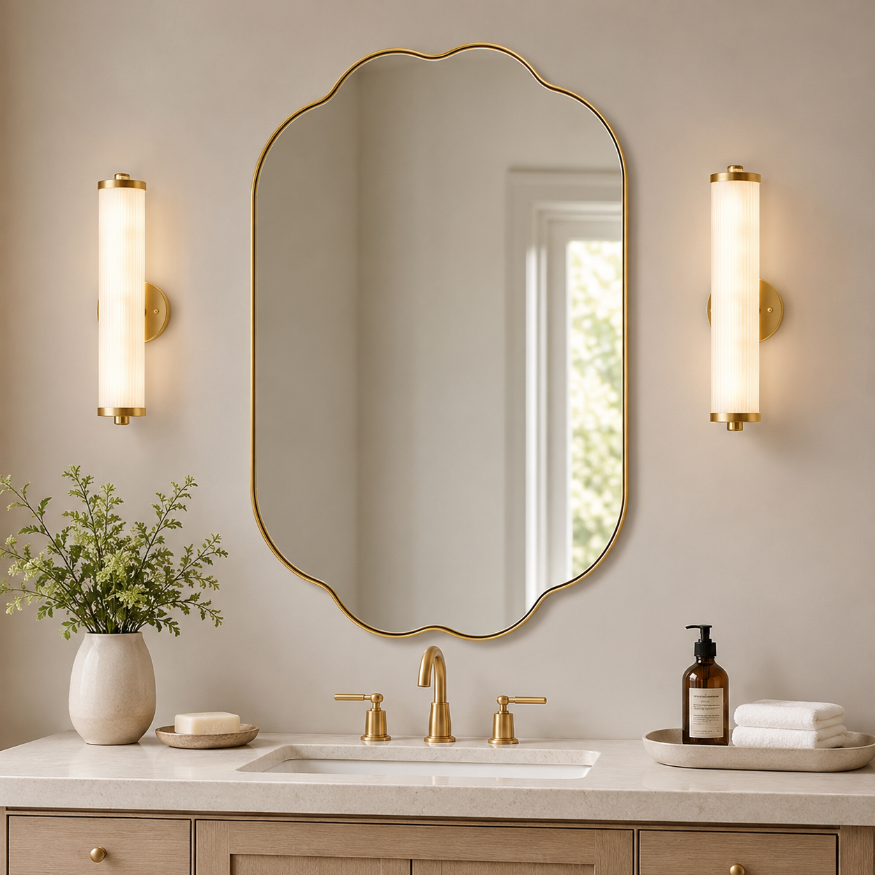 Contemporary Pill Shaped Long Oval Scalloped Bathroom Vanity Wall Mirror| Stainless Steel Framed
