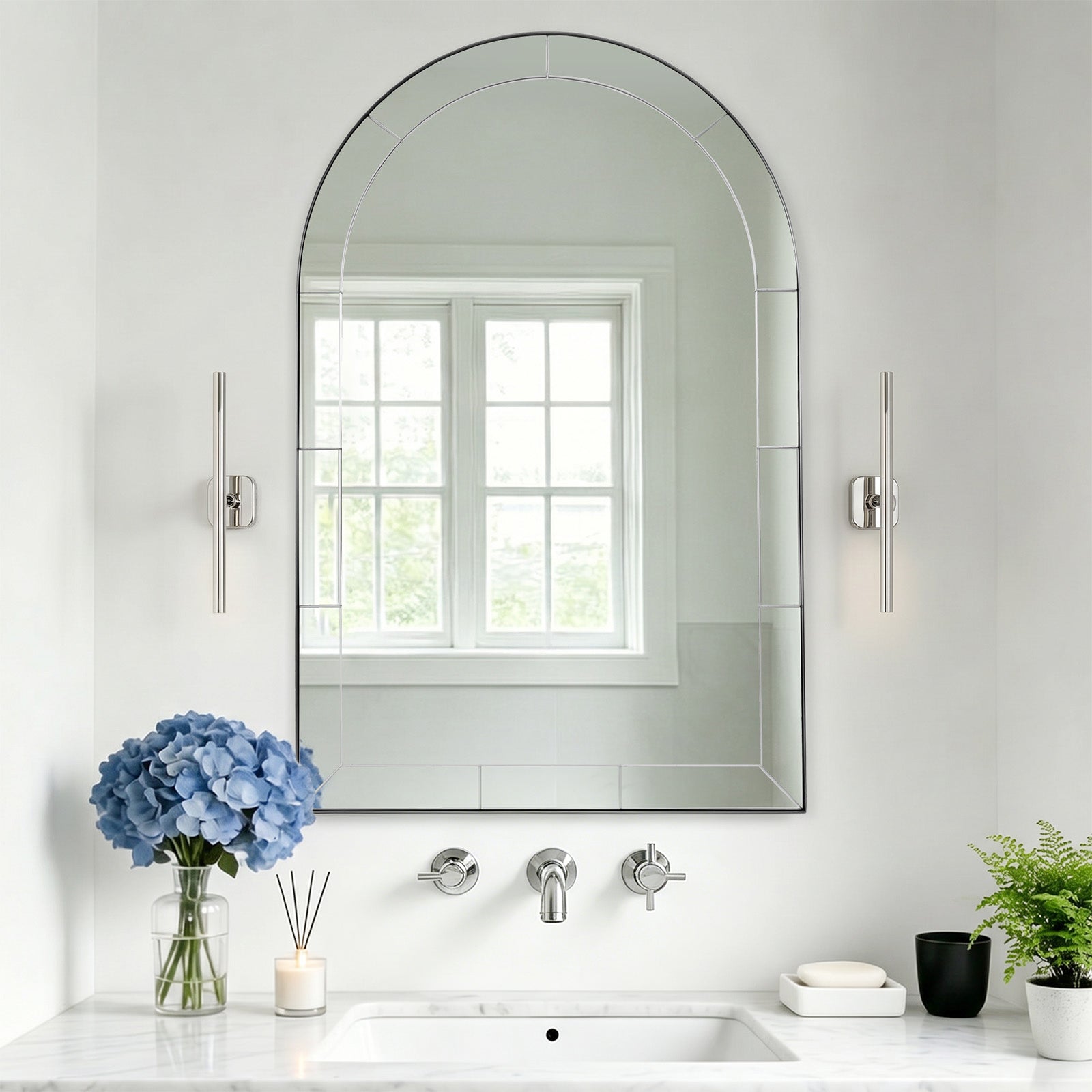 Minuette Glass Tile Edge Arched Mirror Bathroom Vanity Mirror | Stainless Steel Frame