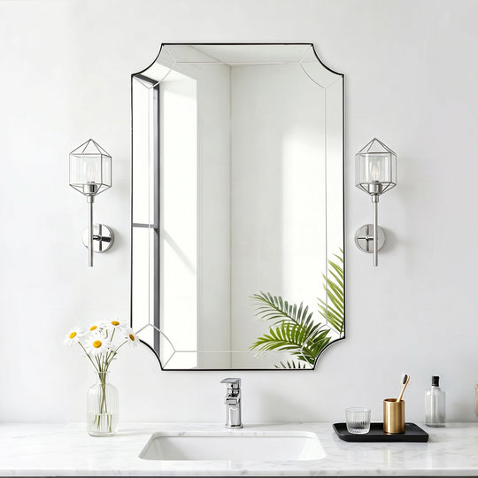 Modern Glass Tiles Edge Cut Corner Scalloped Bathroom Vanity Mirrors | Stainless Steel Frame