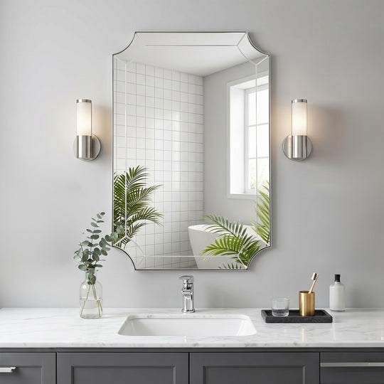 Modern Glass Tiles Edge Cut Corner Scalloped Bathroom Vanity Mirrors | Stainless Steel Frame