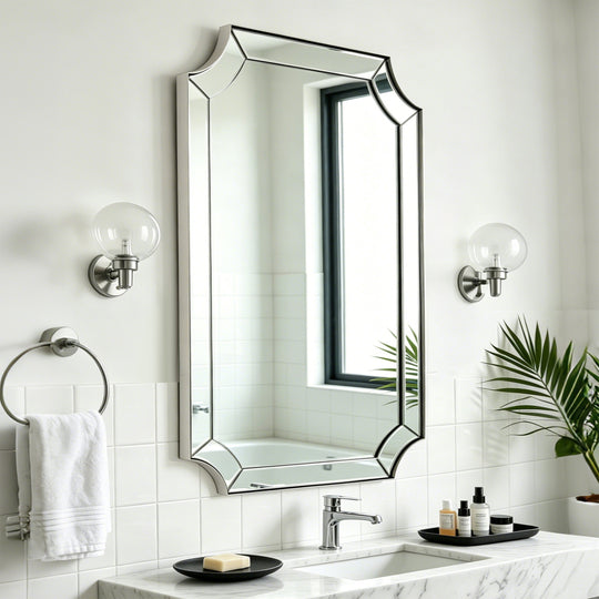 Modern Glass Tiles Edge Cut Corner Scalloped Bathroom Vanity Mirrors | Stainless Steel Frame
