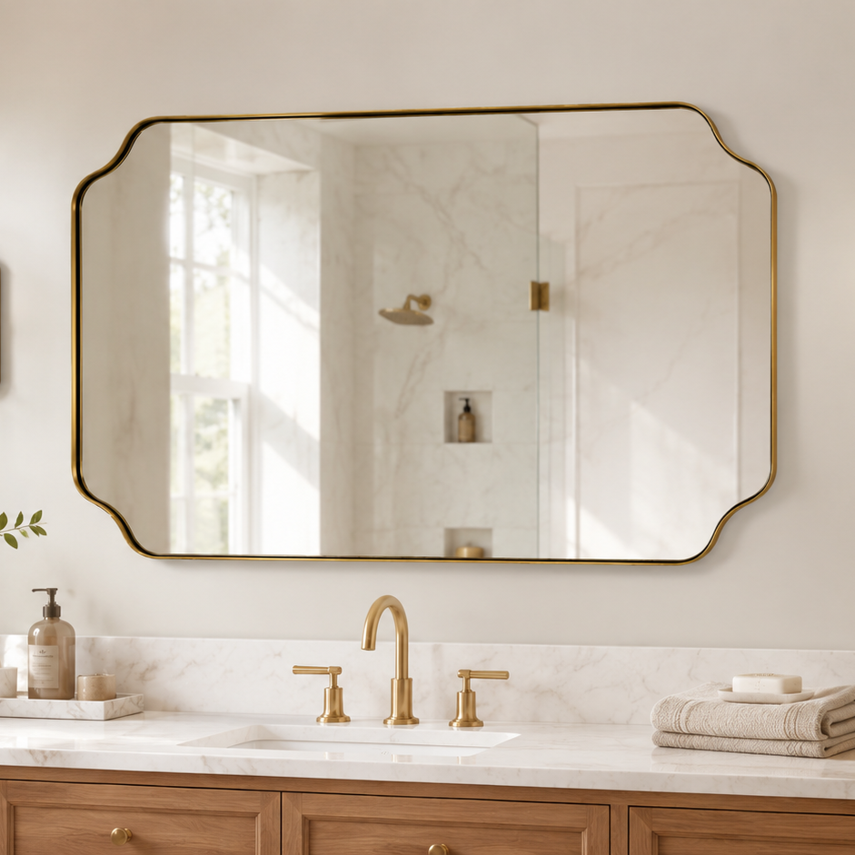 Modern Cut Corner Rectangle Scalloped Mirror for Wall /Bathroom | Stainless Steel Frame