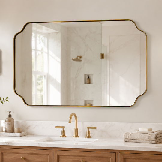Modern Cut Corner Rectangle Scalloped Mirror for Wall /Bathroom | Stainless Steel Frame