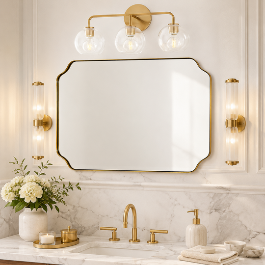 Modern Cut Corner Rectangle Scalloped Mirror for Wall /Bathroom | Stainless Steel Frame