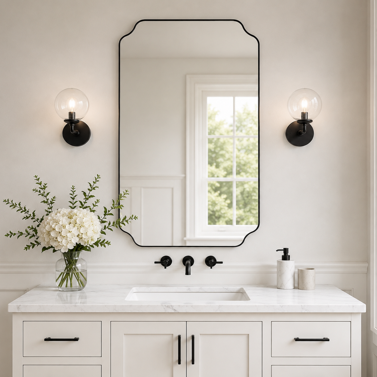 Modern Cut Corner Rectangle Scalloped Mirror for Wall /Bathroom | Stainless Steel Frame