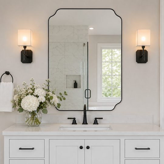 Modern Cut Corner Rectangle Scalloped Mirror for Wall /Bathroom | Stainless Steel Frame