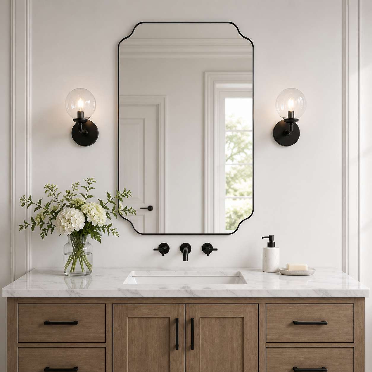 Modern Cut Corner Rectangle Scalloped Mirror for Wall /Bathroom | Stainless Steel Frame