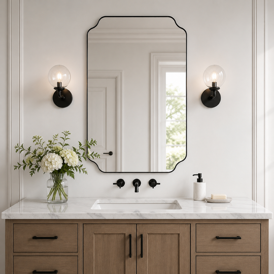 Modern Cut Corner Rectangle Scalloped Mirror for Wall /Bathroom | Stainless Steel Frame