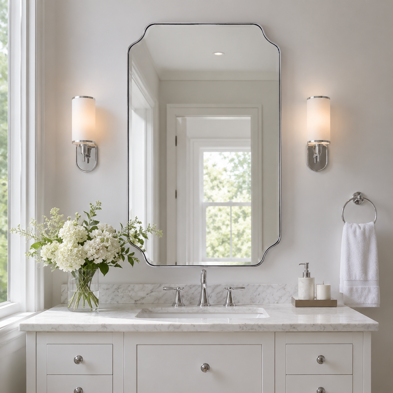 Modern Cut Corner Rectangle Scalloped Mirror for Wall /Bathroom | Stainless Steel Frame