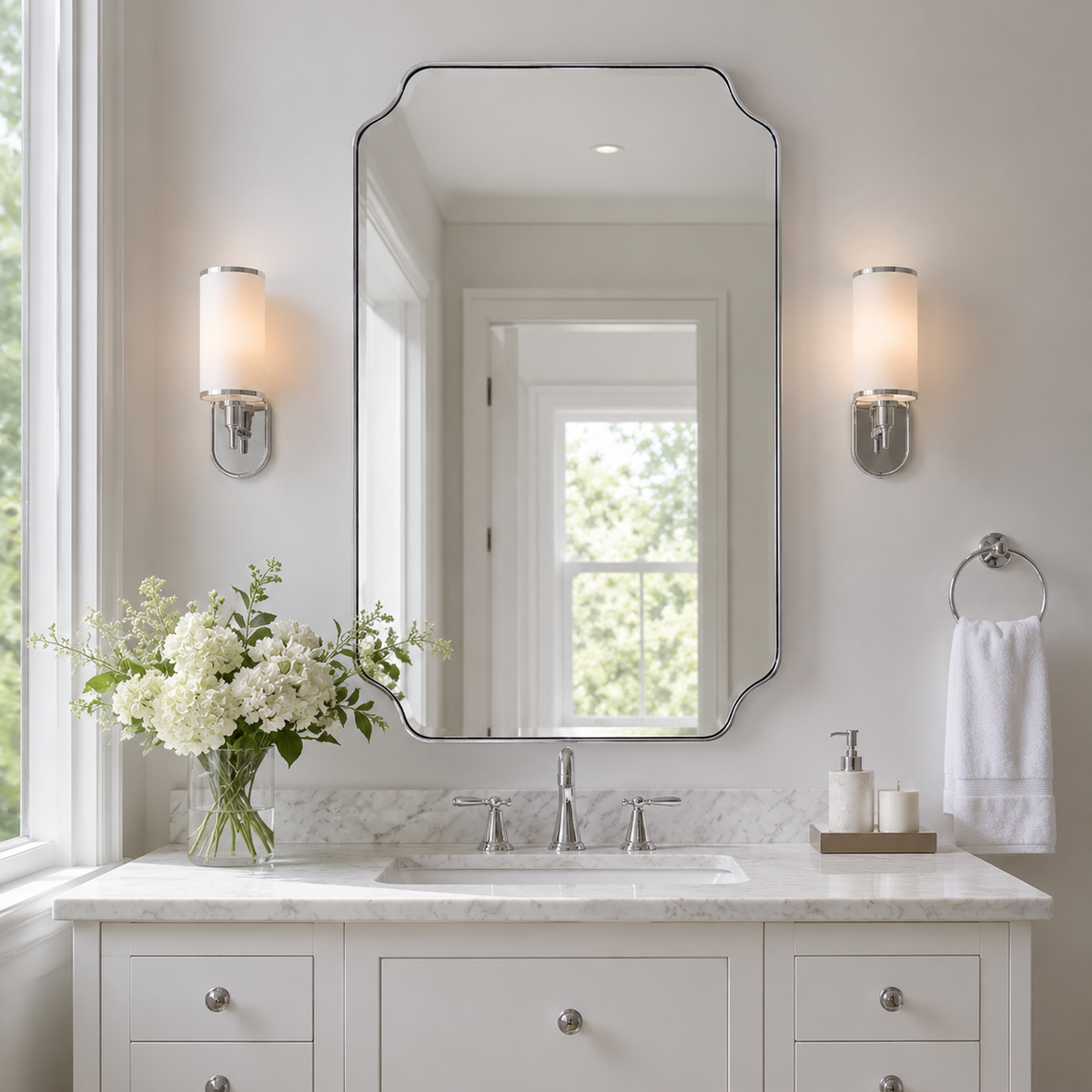 Modern Cut Corner Rectangle Scalloped Mirror for Wall /Bathroom | Stainless Steel Frame