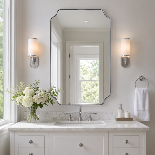Modern Cut Corner Rectangle Scalloped Mirror for Wall /Bathroom | Stainless Steel Frame