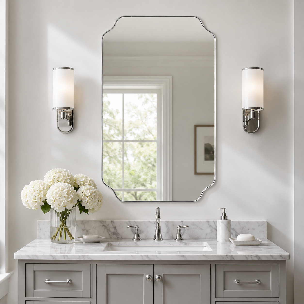 Modern Cut Corner Rectangle Scalloped Mirror for Wall /Bathroom | Stainless Steel Frame