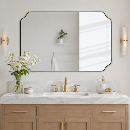 Modern Cut Corner Rectangle Scalloped Mirror for Wall /Bathroom | Stainless Steel Frame