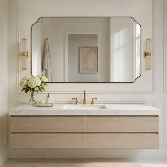 Modern Cut Corner Rectangle Scalloped Mirror for Wall /Bathroom | Stainless Steel Frame