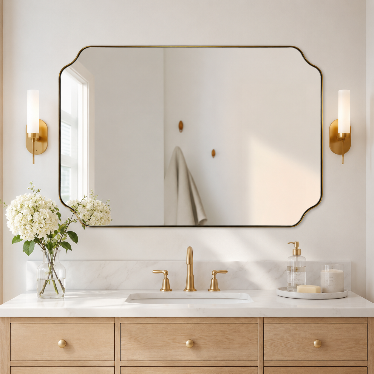 Modern Cut Corner Rectangle Scalloped Mirror for Wall /Bathroom | Stainless Steel Frame
