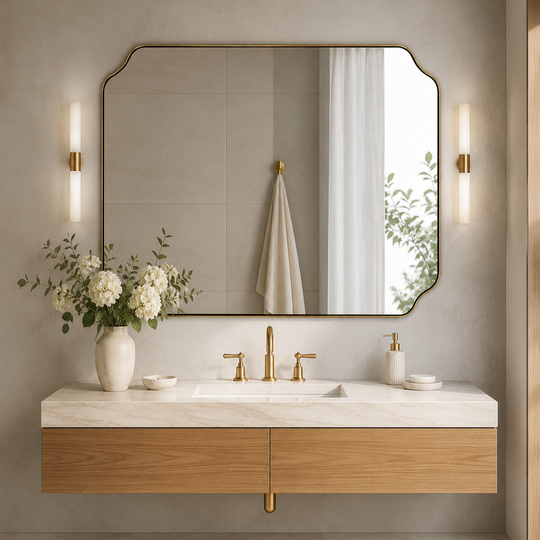 Modern Cut Corner Rectangle Scalloped Mirror for Wall /Bathroom | Stainless Steel Frame