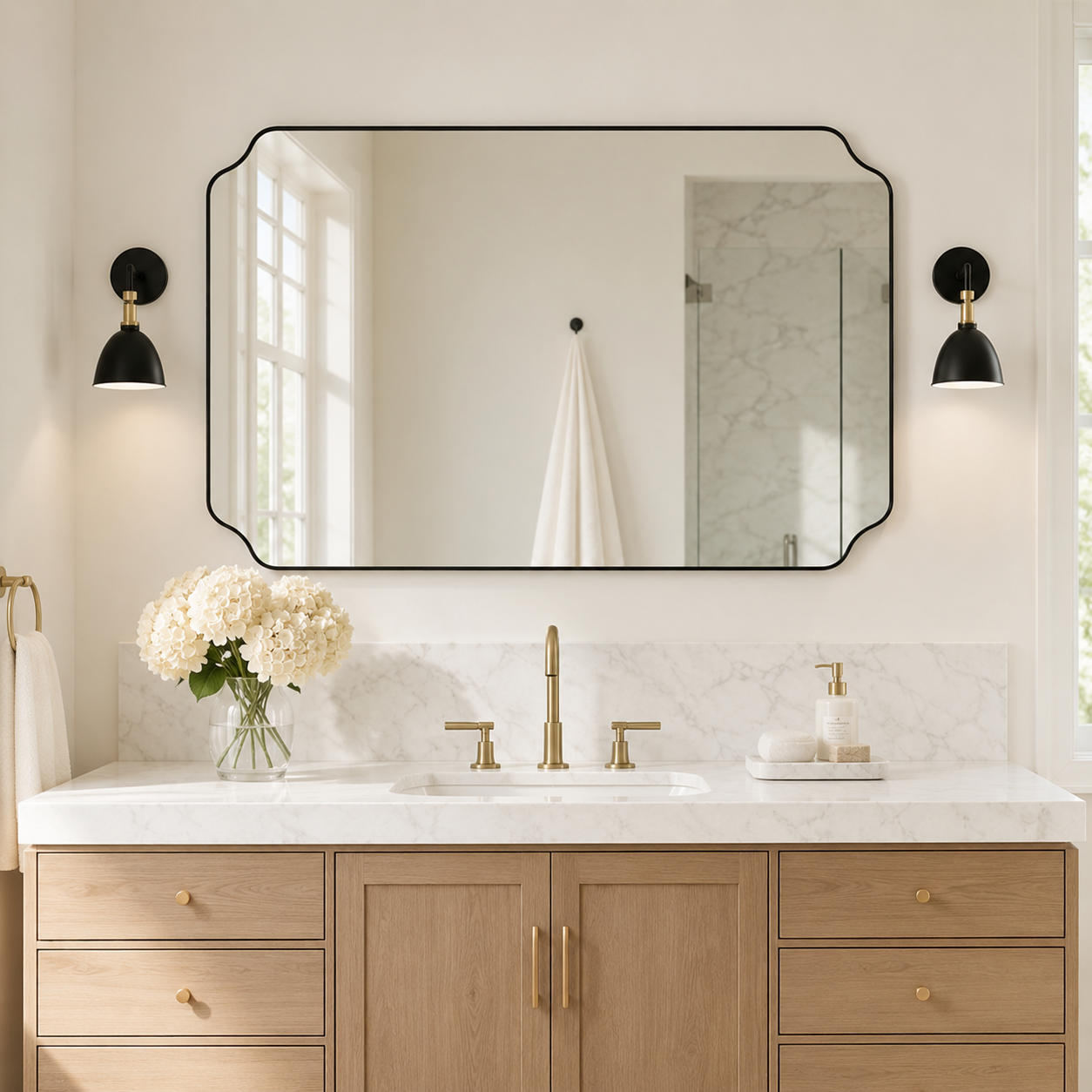 Modern Cut Corner Rectangle Scalloped Mirror for Wall /Bathroom | Stainless Steel Frame