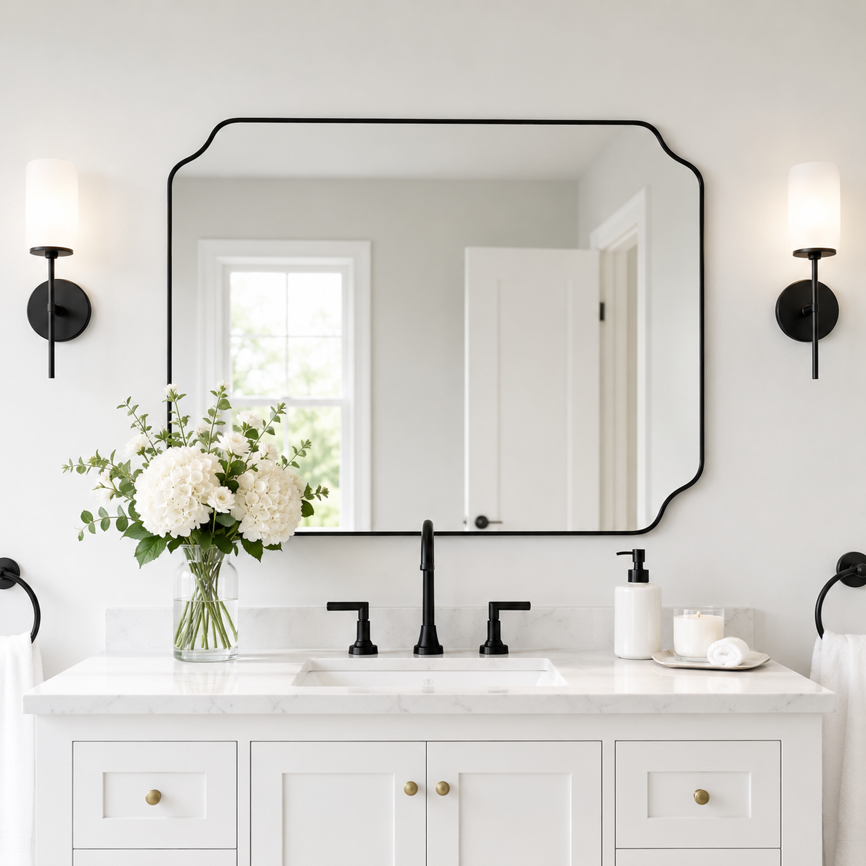 Modern Cut Corner Rectangle Scalloped Mirror for Wall /Bathroom | Stainless Steel Frame