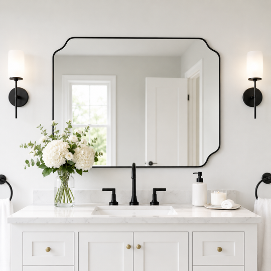 Modern Cut Corner Rectangle Scalloped Mirror for Wall /Bathroom | Stainless Steel Frame