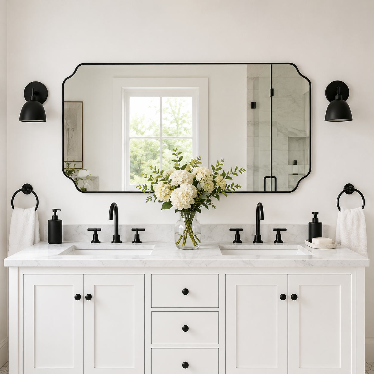 Modern Cut Corner Rectangle Scalloped Mirror for Wall /Bathroom | Stainless Steel Frame