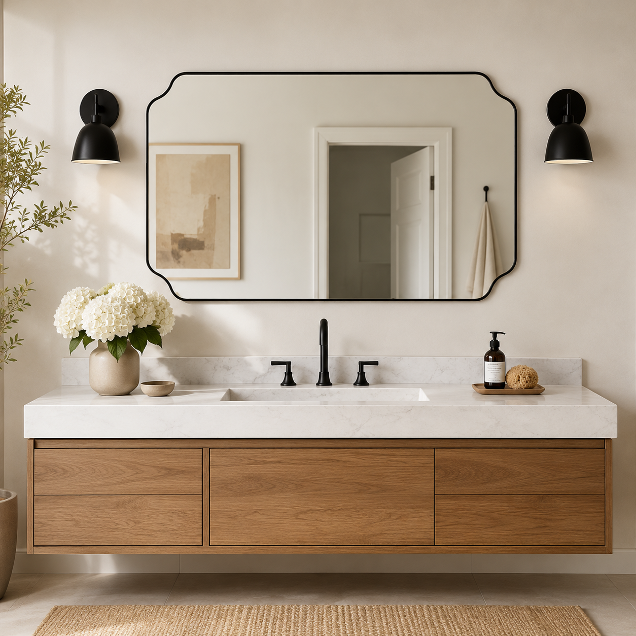 Modern Cut Corner Rectangle Scalloped Mirror for Wall /Bathroom | Stainless Steel Frame