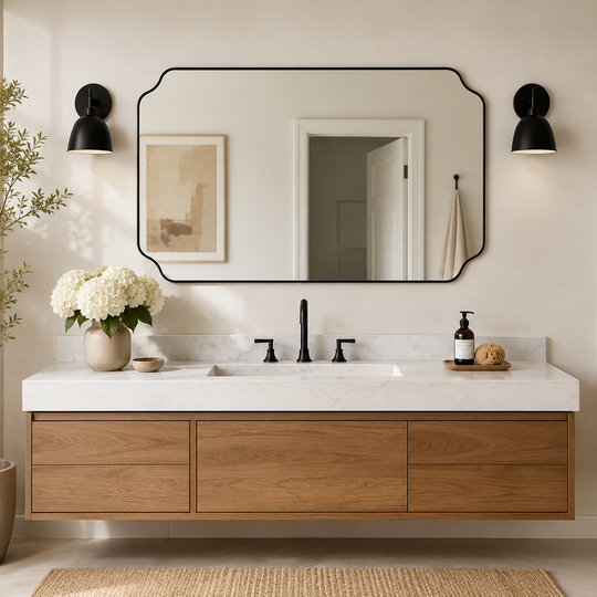 Modern Cut Corner Rectangle Scalloped Mirror for Wall /Bathroom | Stainless Steel Frame