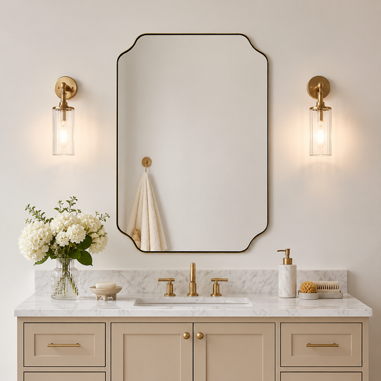 Modern Cut Corner Rectangle Scalloped Mirror for Wall /Bathroom | Stainless Steel Frame