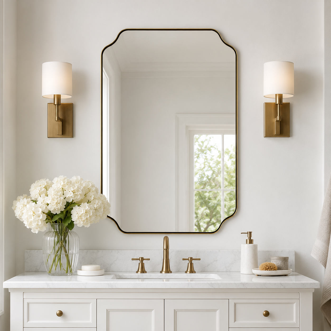 Modern Cut Corner Rectangle Scalloped Mirror for Wall /Bathroom | Stainless Steel Frame