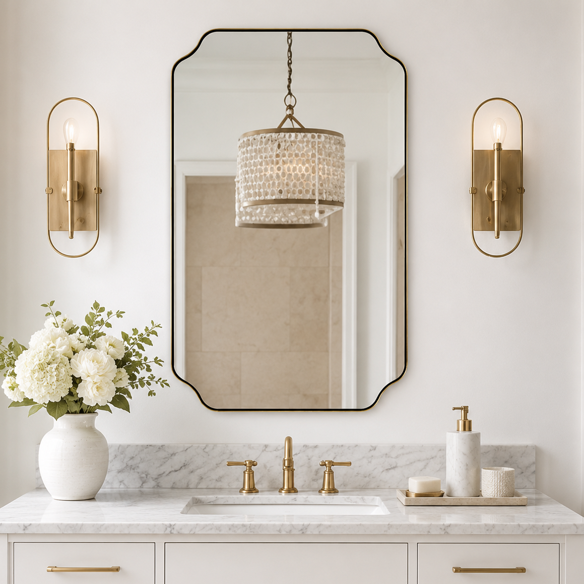 Modern Cut Corner Rectangle Scalloped Mirror for Wall /Bathroom | Stainless Steel Frame