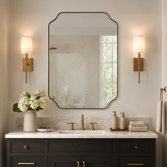 Modern Cut Corner Rectangle Scalloped Mirror for Wall /Bathroom | Stainless Steel Frame