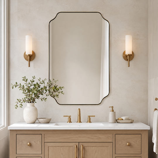 Modern Cut Corner Rectangle Scalloped Mirror for Wall /Bathroom | Stainless Steel Frame