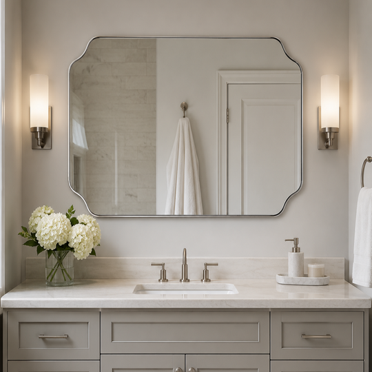 Modern Cut Corner Rectangle Scalloped Mirror for Wall /Bathroom | Stainless Steel Frame