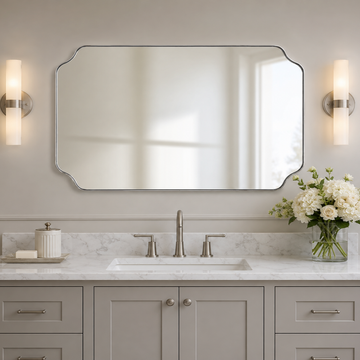 Modern Cut Corner Rectangle Scalloped Mirror for Wall /Bathroom | Stainless Steel Frame