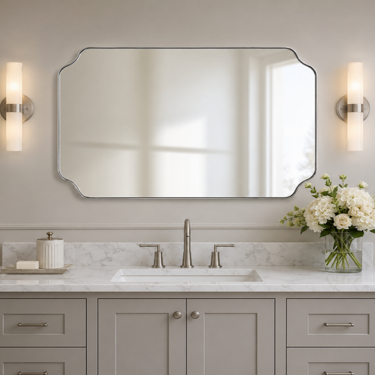 Modern Cut Corner Rectangle Scalloped Mirror for Wall /Bathroom | Stainless Steel Frame