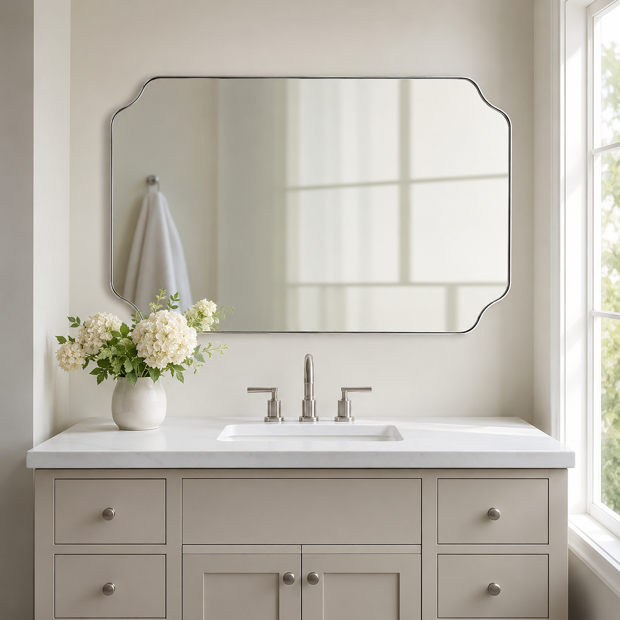 Modern Cut Corner Rectangle Scalloped Mirror for Wall /Bathroom | Stainless Steel Frame